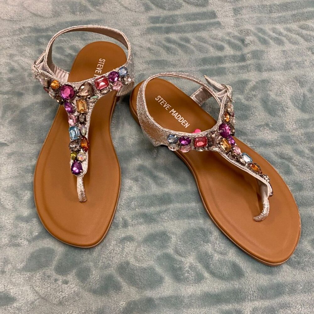 STEVE MADDEN Girls' Rhinestone Jeweled Sandals Flat Sz 2 Youth